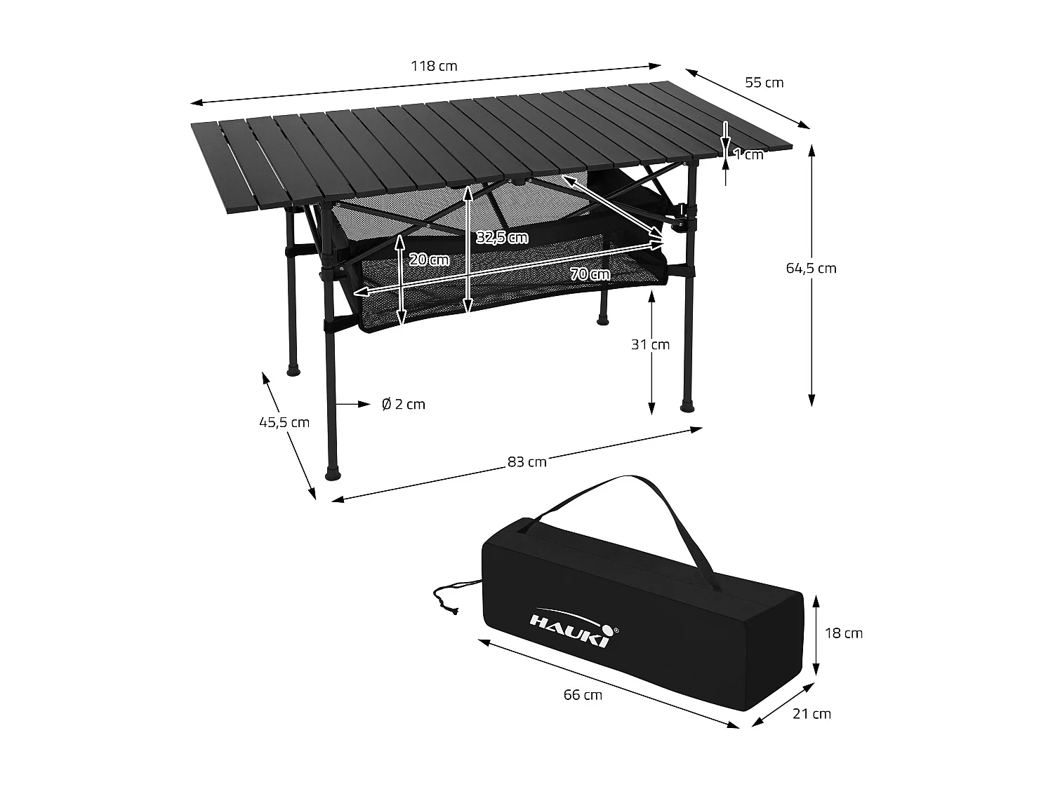 Table de camping pliante noire en aluminium 118x55x64,5 cm avec sac de transport