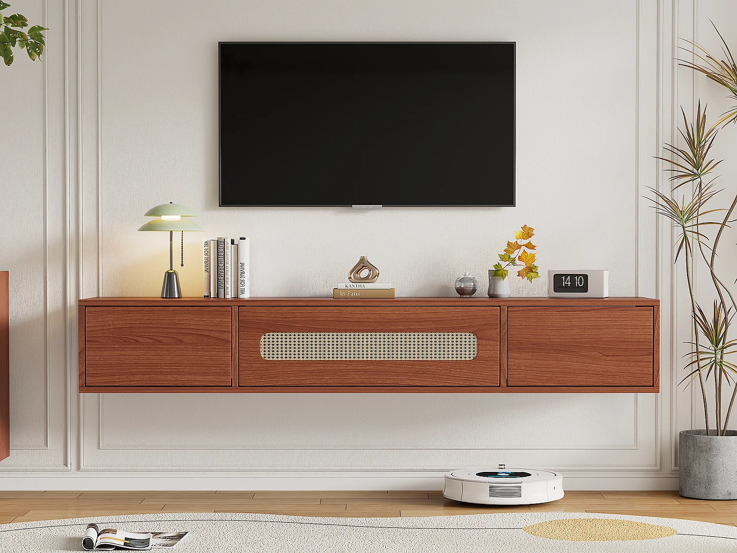 Mueble TV suspendido con 3 puertas - 140 x 40 x 20 cm - tablero de partículas - para TV hasta 60" - Color nogal