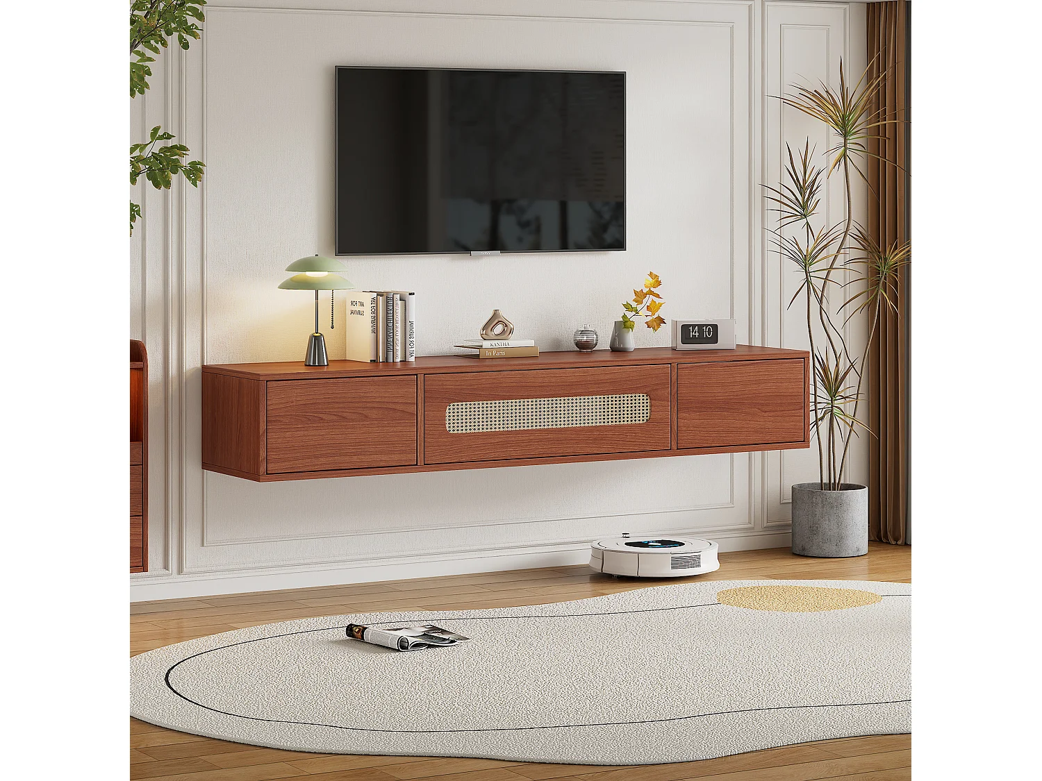 Mueble TV suspendido con 3 puertas - 140 x 40 x 20 cm - tablero de partículas - para TV hasta 60" - Color nogal