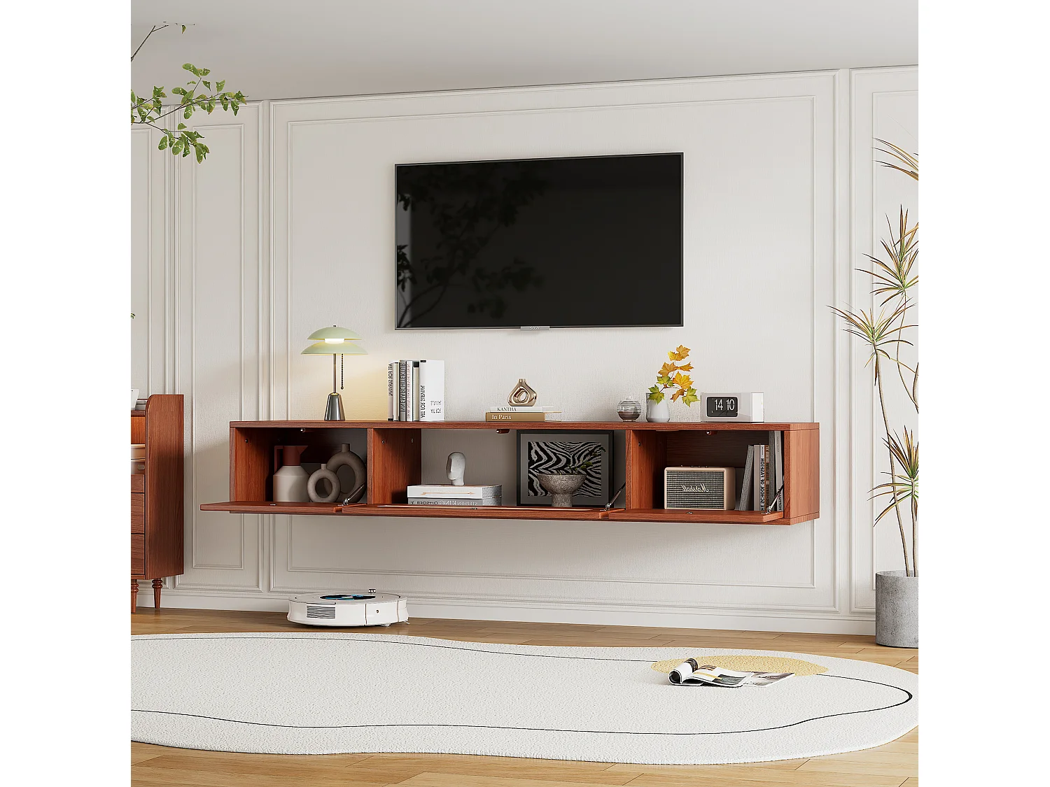 Mueble TV suspendido con 3 puertas - 140 x 40 x 20 cm - tablero de partículas - para TV hasta 60" - Color nogal