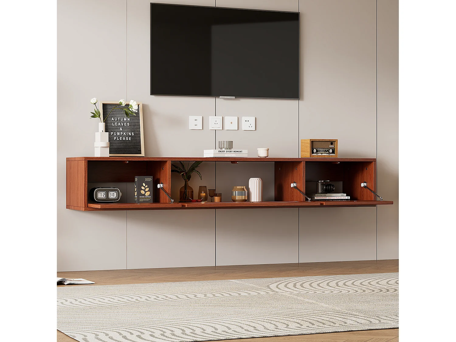Mueble TV suspendido con 3 puertas - 140 x 40 x 20 cm - tablero de partículas - para TV hasta 60" - Color nogal