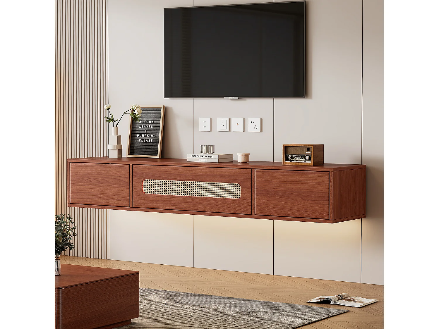 Mueble TV suspendido con 3 puertas - 140 x 40 x 20 cm - tablero de partículas - para TV hasta 60" - Color nogal