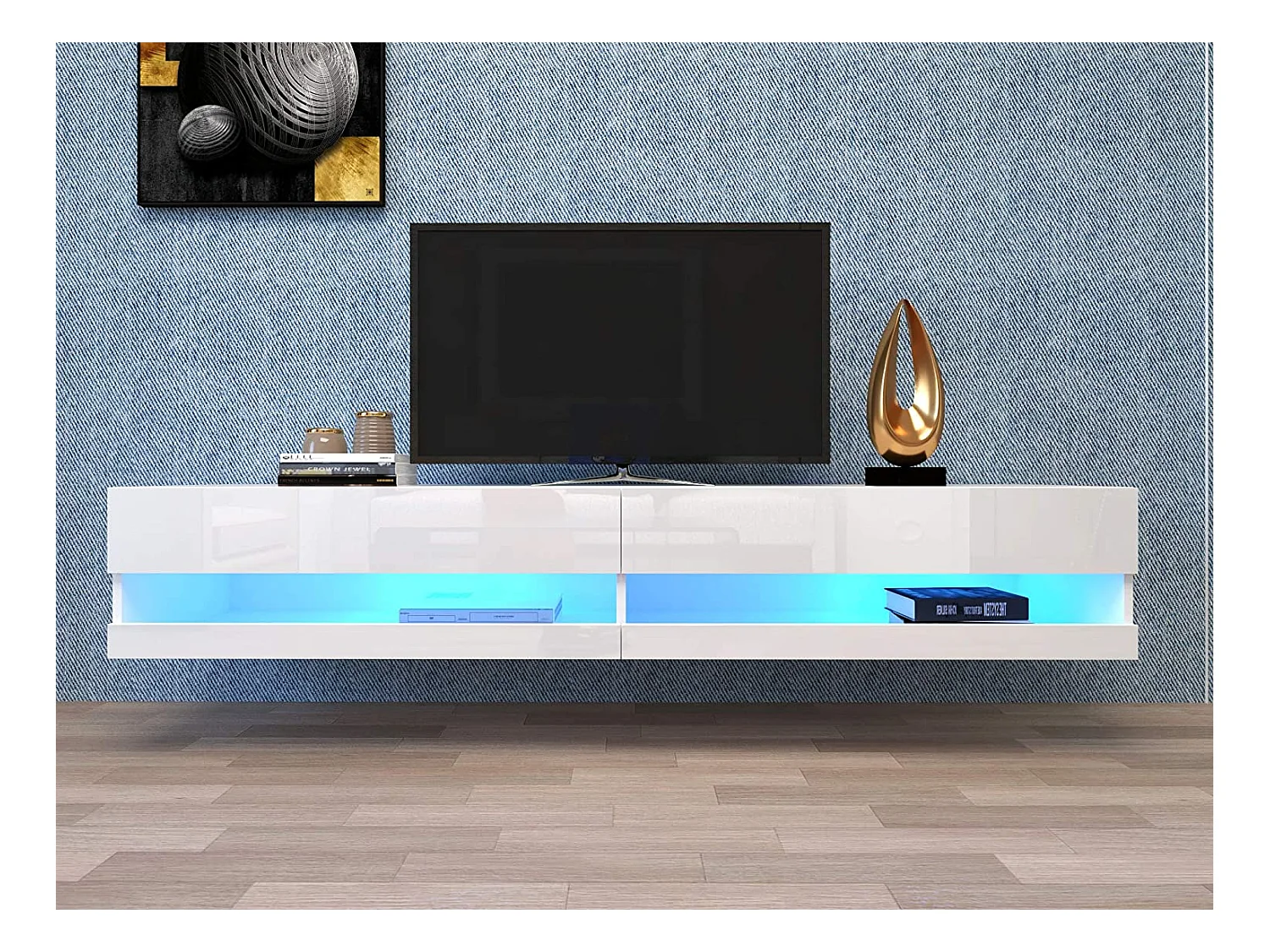 Meuble TV suspendu avec 2 niches - LEDs - 140x40x30,5 cm - Bois MDF - Blanc brillant