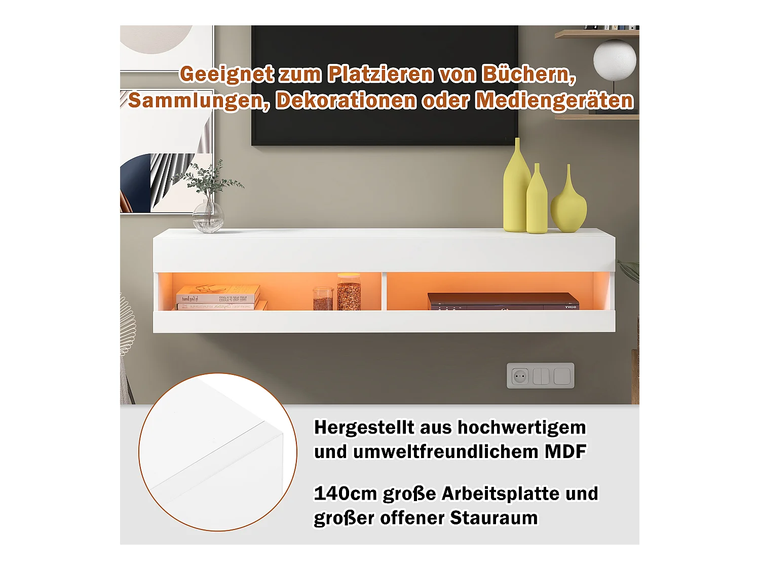 Hangend TV-meubel met 2 nissen - LED's - 140x40x30,5 cm - MDF hout - Glanzend wit