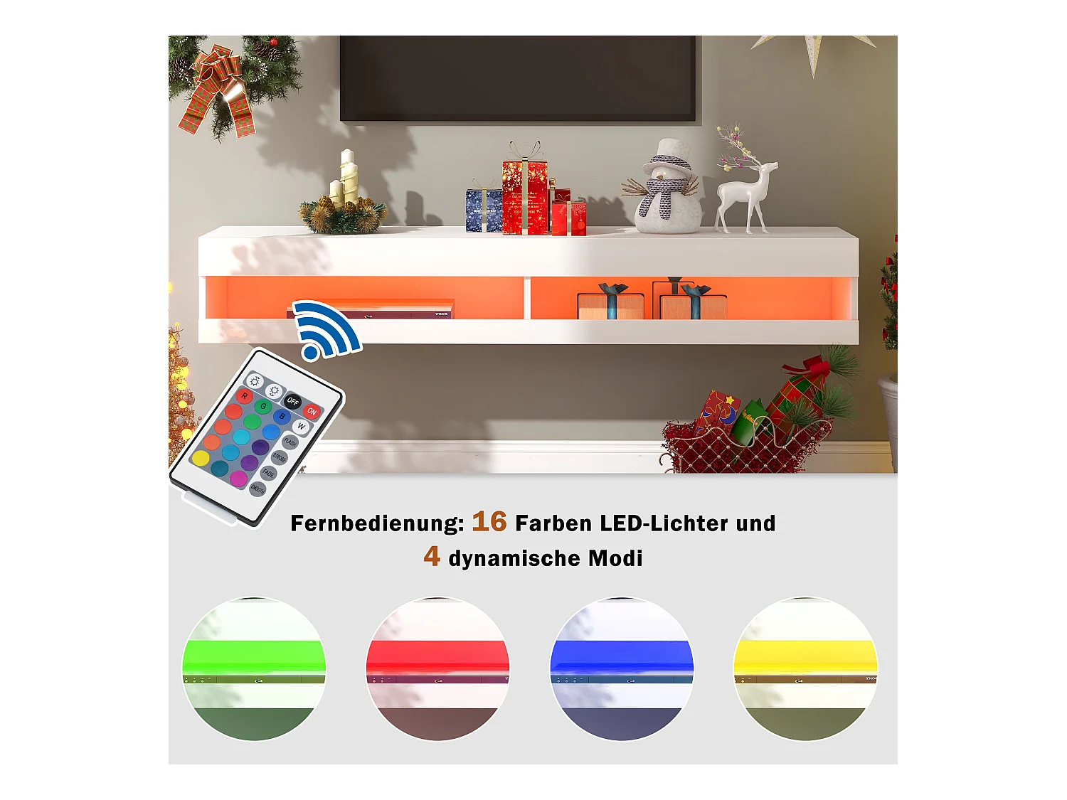 Hangend TV-meubel met 2 nissen - LED's - 140x40x30,5 cm - MDF hout - Glanzend wit