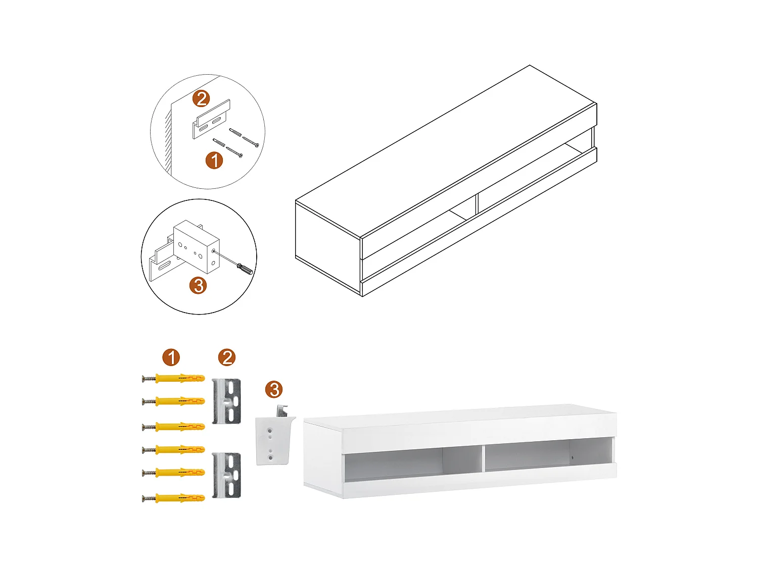 Hangend TV-meubel met 2 nissen - LED's - 140x40x30,5 cm - MDF hout - Glanzend wit