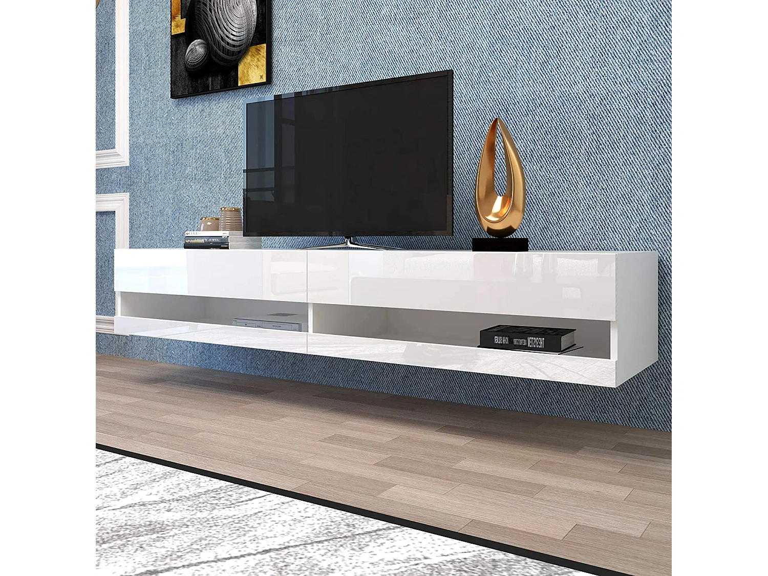 Meuble TV suspendu avec 2 niches - LEDs - 140x40x30,5 cm - Bois MDF - Blanc brillant