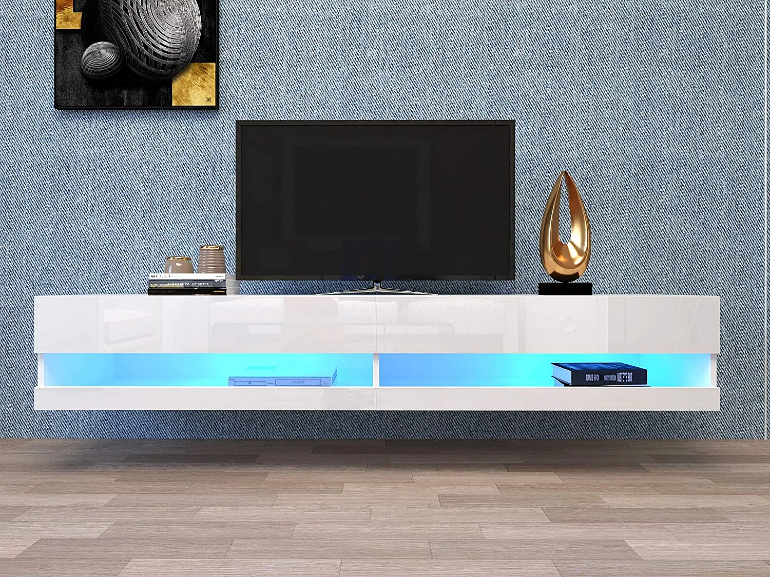 Meuble TV suspendu avec 2 niches - LEDs - 140x40x30,5 cm - Bois MDF - Blanc brillant