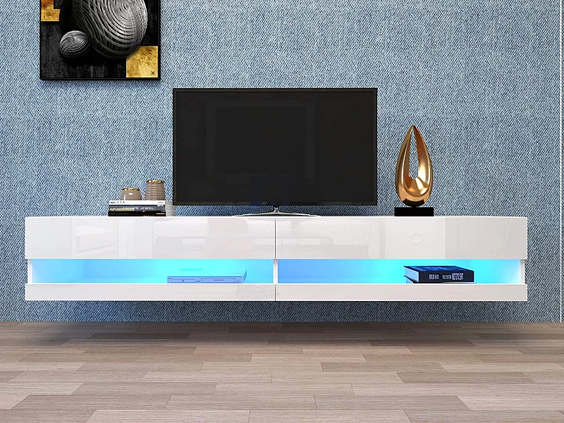Mobile TV sospeso con 2 nicchie - LED - 140x40x30,5 cm - Legno MDF - Bianco lucido