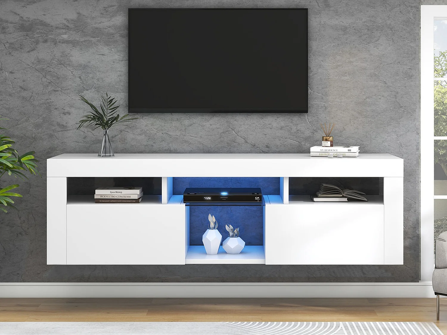 Meuble TV suspendu avec 2 portes et 4 niches - éclairage LEDs - panneaux de particules - laqué blanc brillant