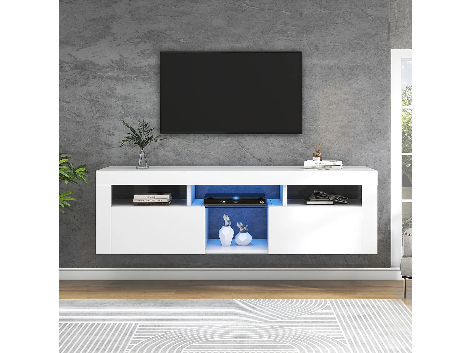 Meuble TV suspendu avec 2 portes et 4 niches - éclairage LEDs - panneaux de particules - laqué blanc brillant