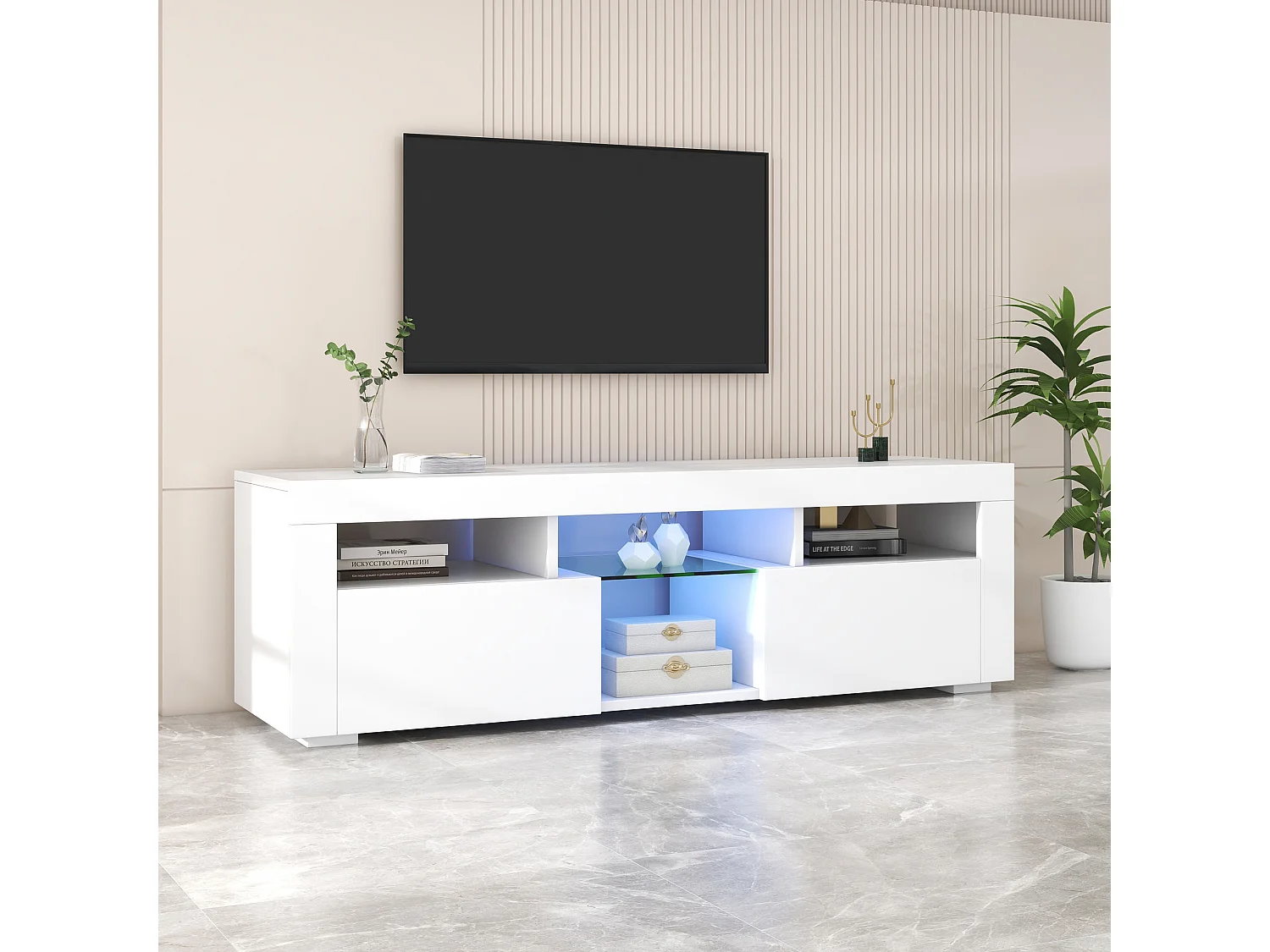 Meuble TV suspendu avec 2 portes et 4 niches - éclairage LEDs - panneaux de particules - laqué blanc brillant