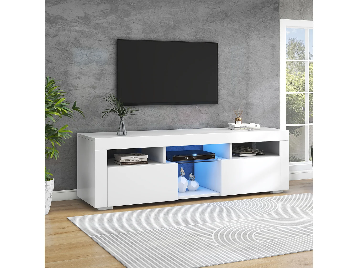 Meuble TV suspendu avec 2 portes et 4 niches - éclairage LEDs - panneaux de particules - laqué blanc brillant