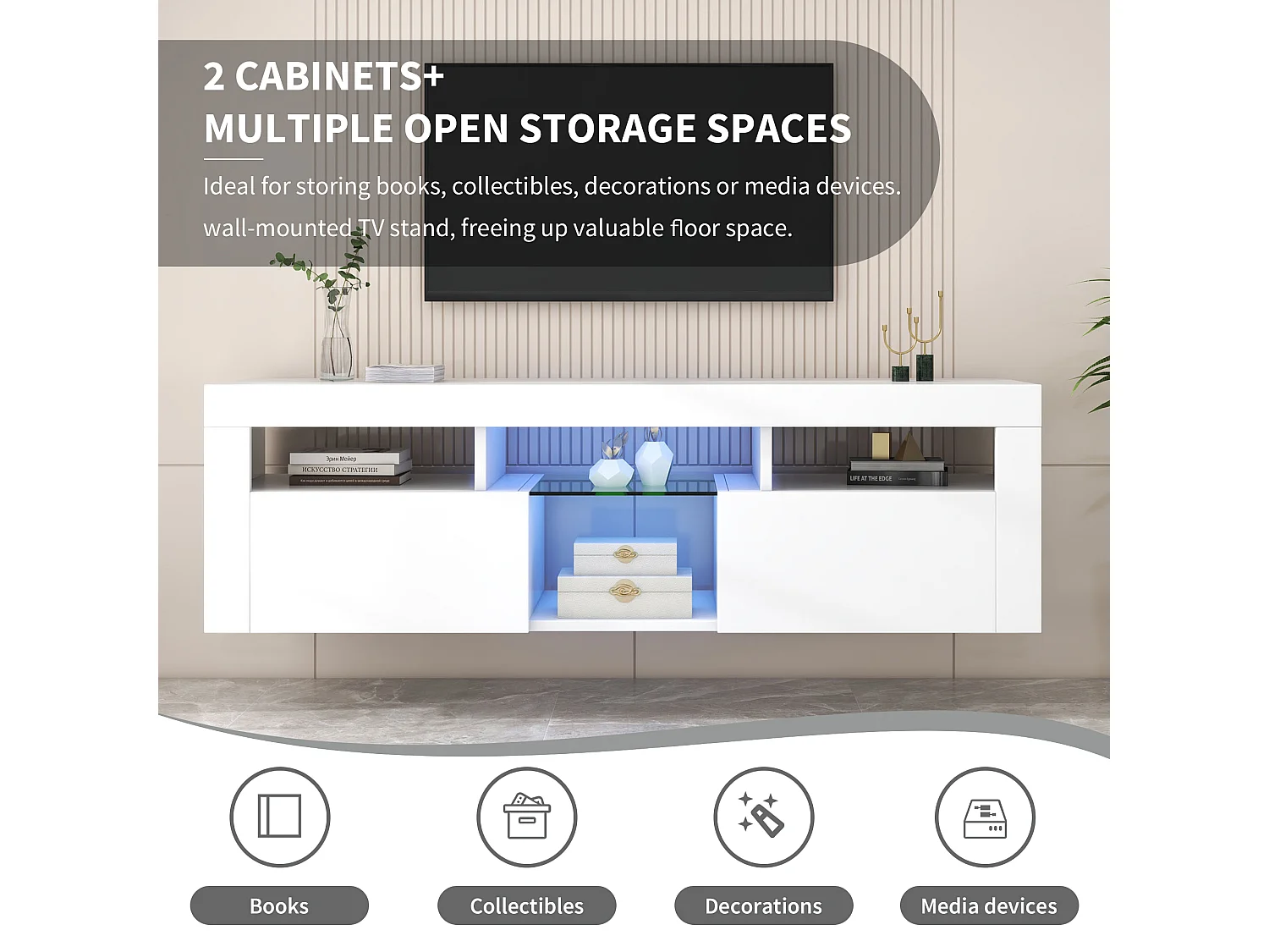 Meuble TV suspendu avec 2 portes et 4 niches - éclairage LEDs - panneaux de particules - laqué blanc brillant