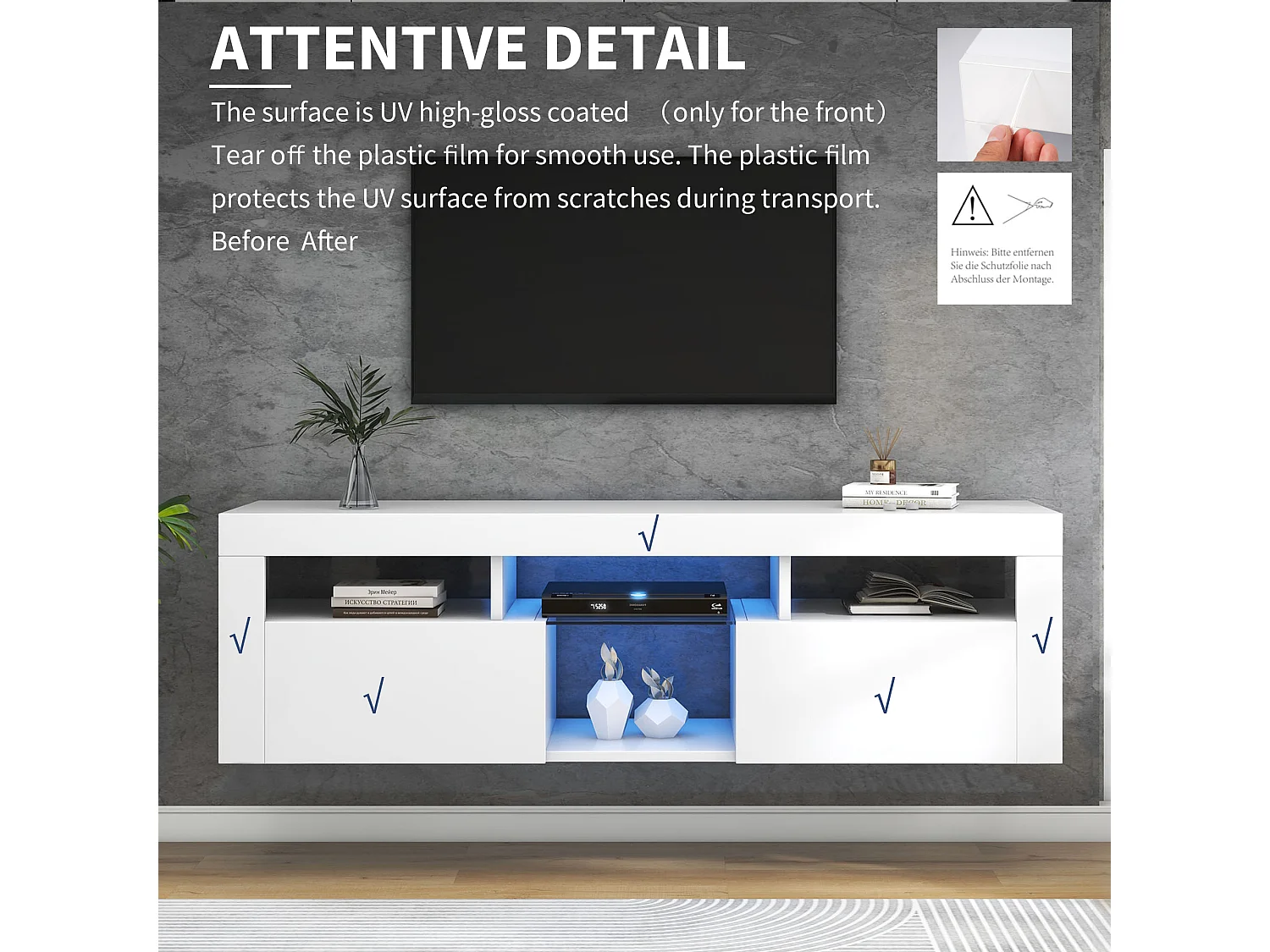 Meuble TV suspendu avec 2 portes et 4 niches - éclairage LEDs - panneaux de particules - laqué blanc brillant