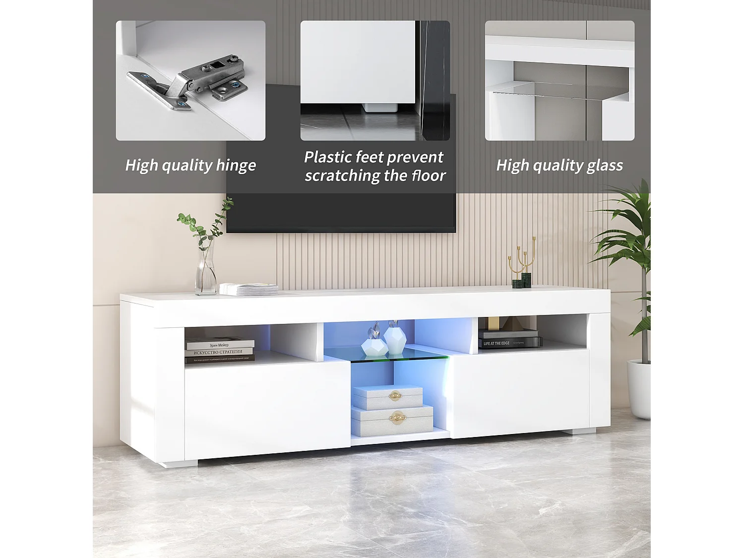 Meuble TV suspendu avec 2 portes et 4 niches - éclairage LEDs - panneaux de particules - laqué blanc brillant