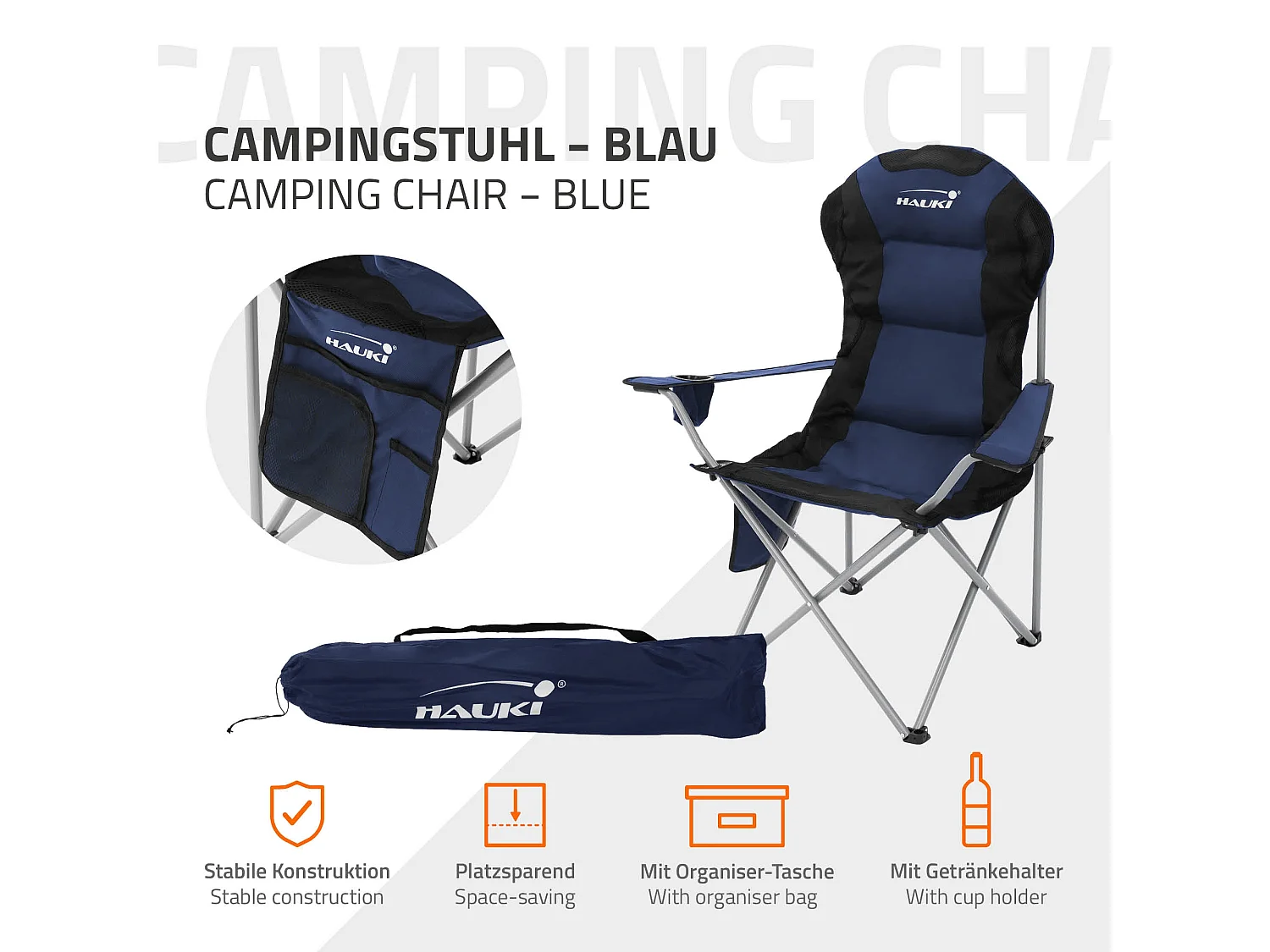 Silla plegable de camping azul asiento de pesca con portavasos y bolsa guardado