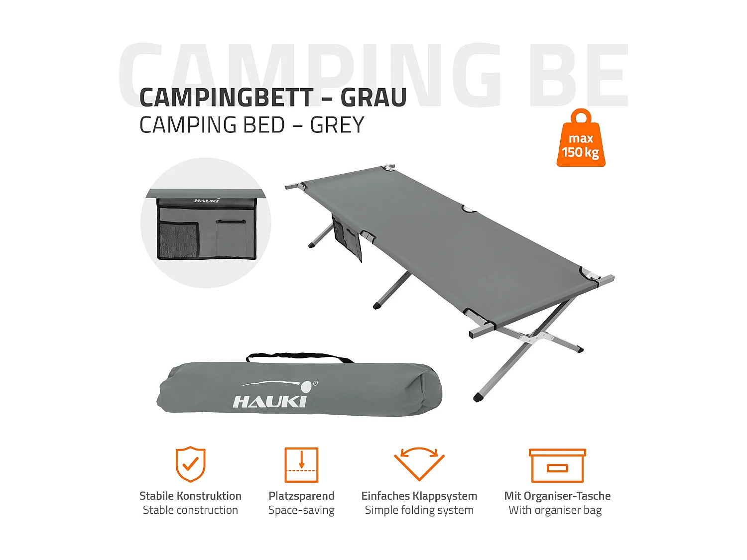 XL lit de camping pliant métal gris 210cm avec sac de transport lit invité 150kg