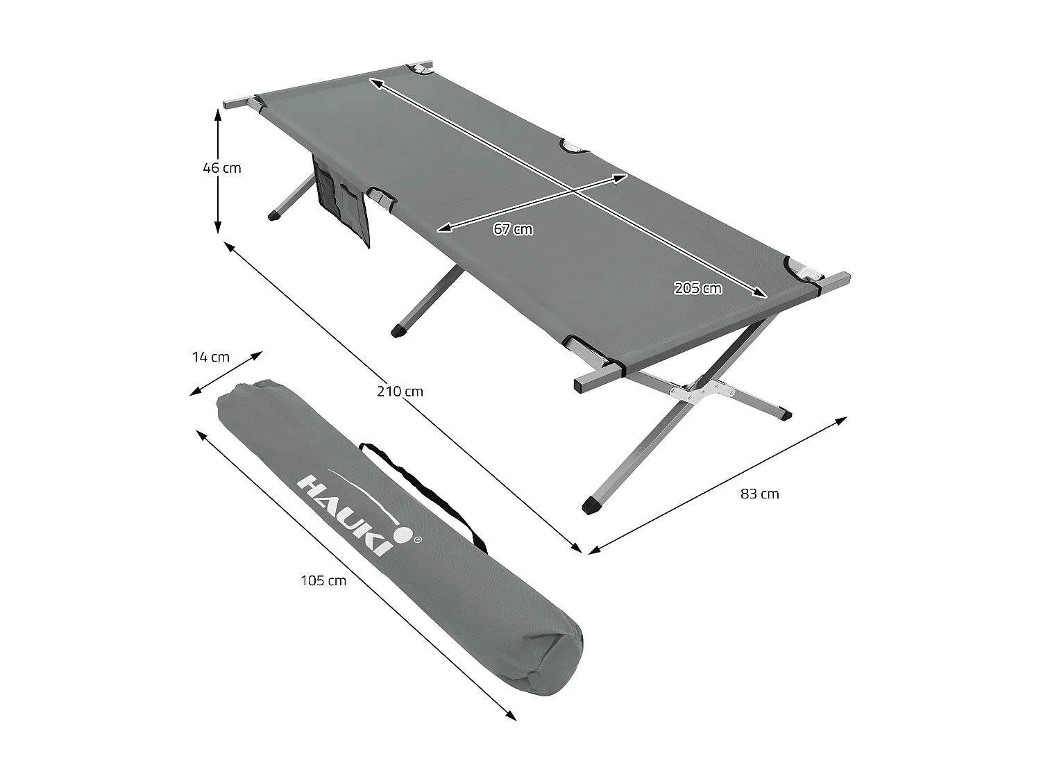 XL lit de camping pliant métal gris 210cm avec sac de transport lit invité 150kg