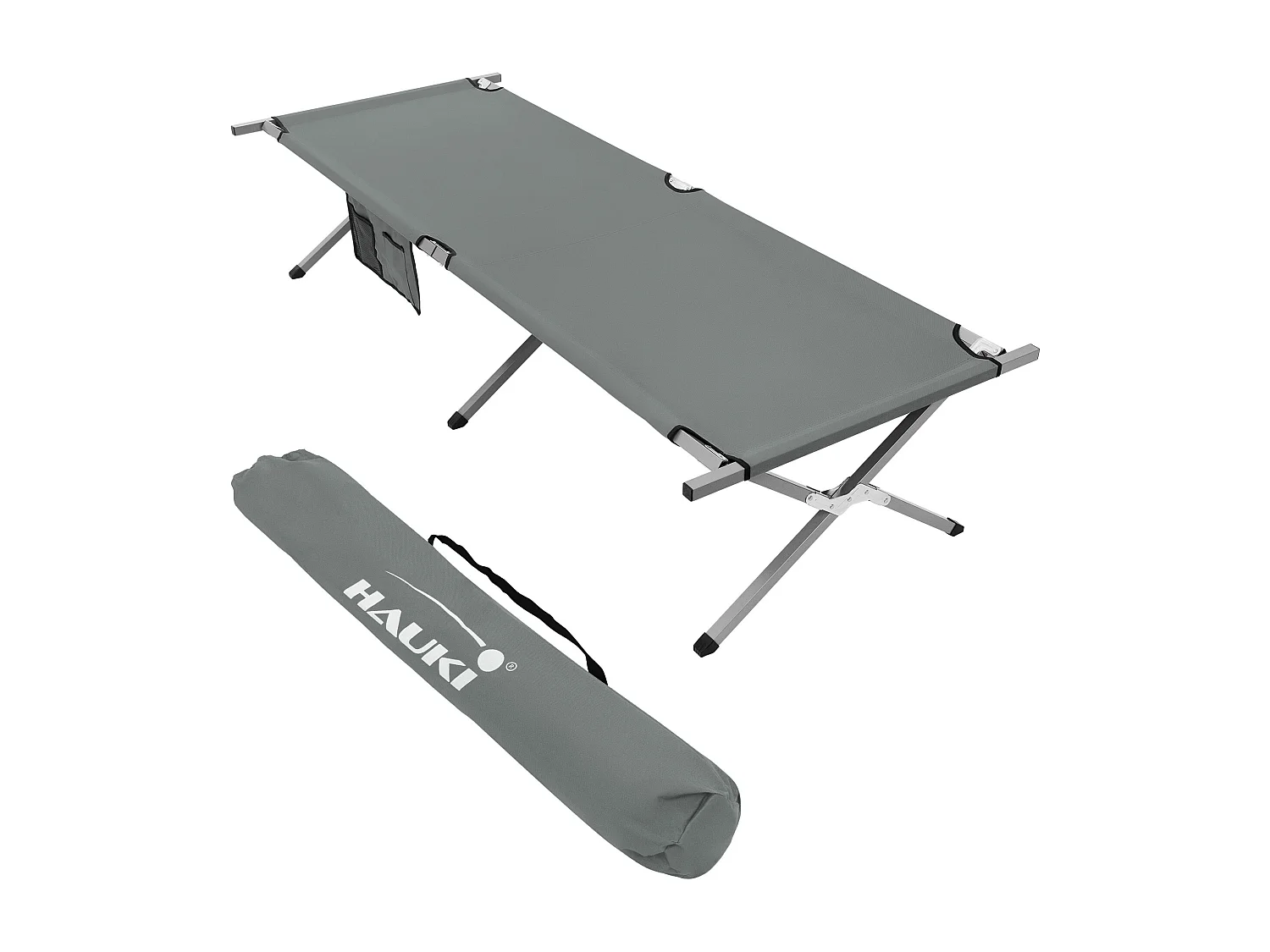Cama de camping XL 210cm tumbona metal camilla plegable gris y bolsillo lateral