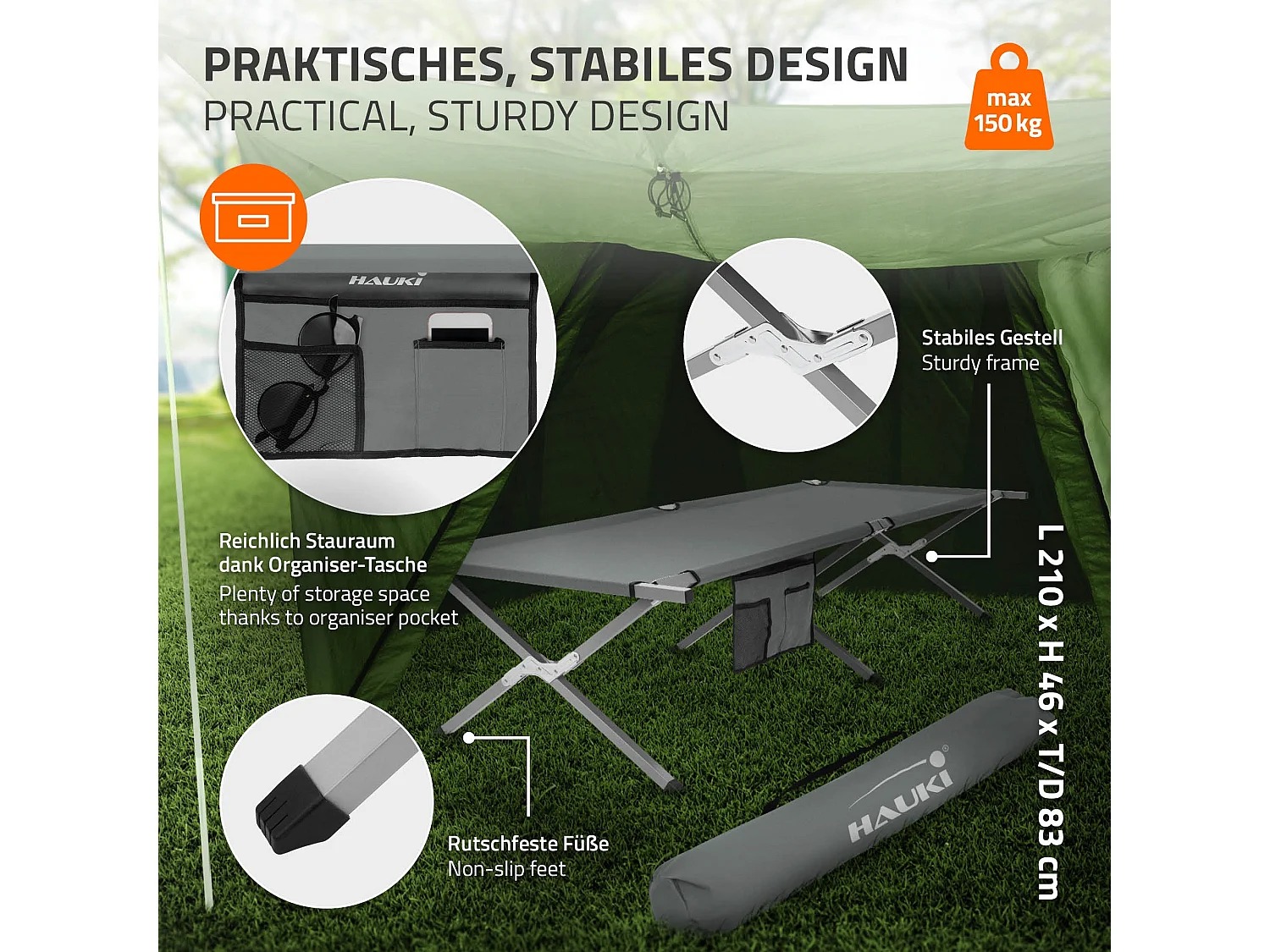 Cama de camping XL 210cm tumbona metal camilla plegable gris y bolsillo lateral