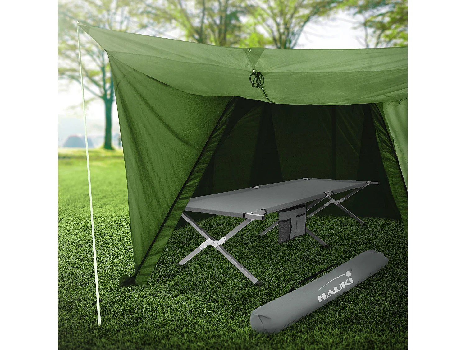 Cama de camping XL 210cm tumbona metal camilla plegable gris y bolsillo lateral