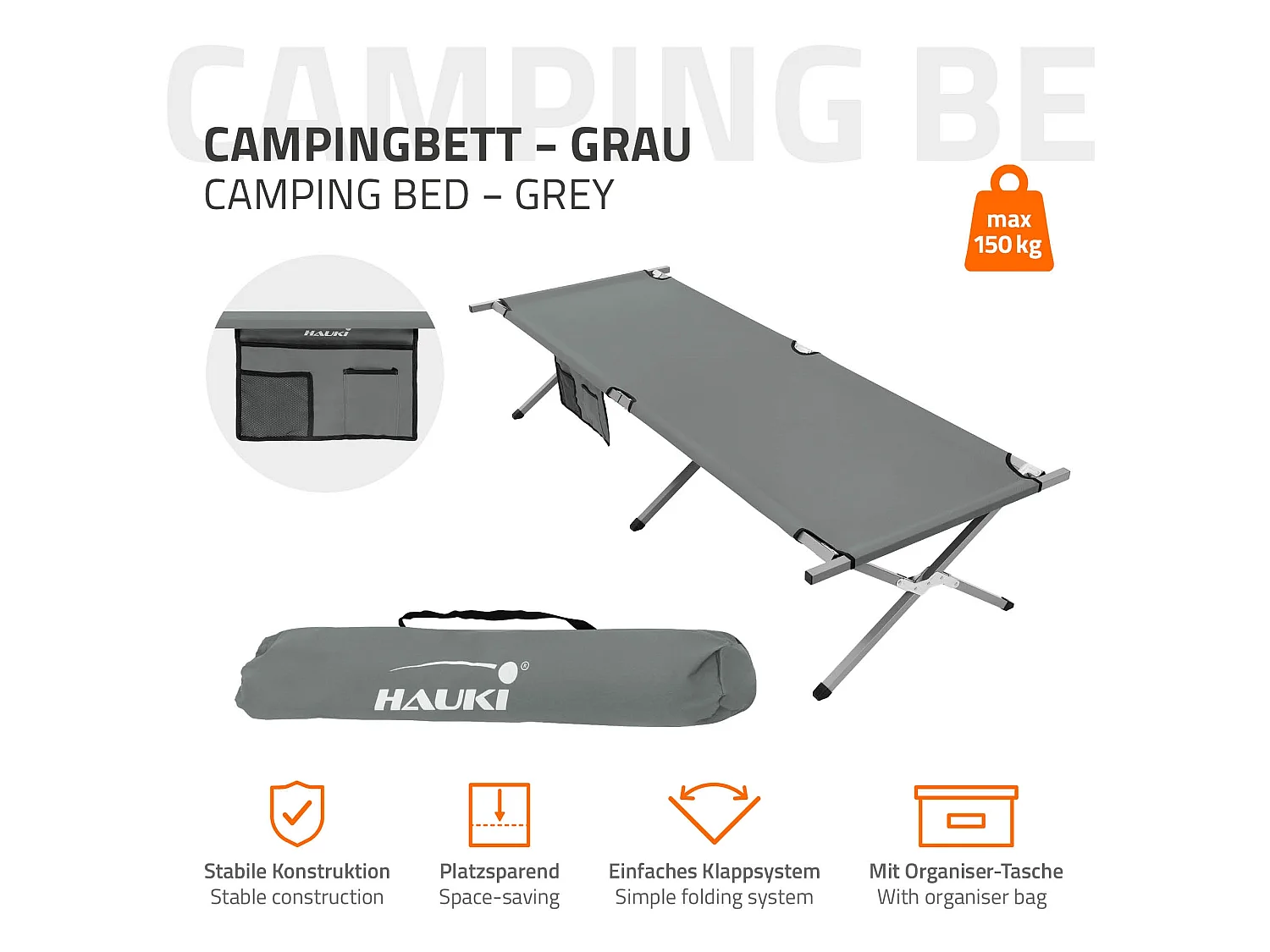 XL lit de camping pliant métal gris 210cm avec sac de transport lit invité 150kg