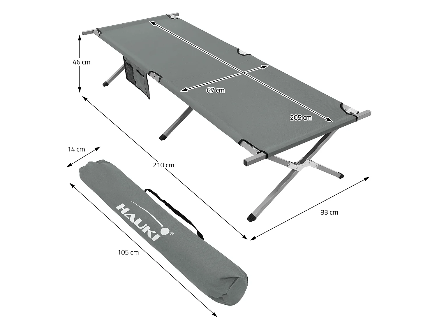 XL lit de camping pliant métal gris 210cm avec sac de transport lit invité 150kg