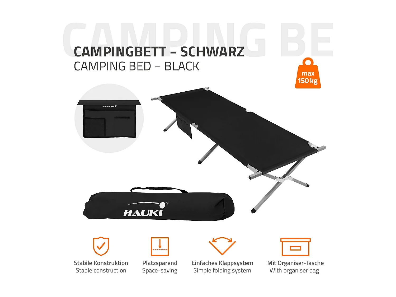 Cama de camping XL 210cm tumbona metal camilla plegable negra y bolsillo lateral
