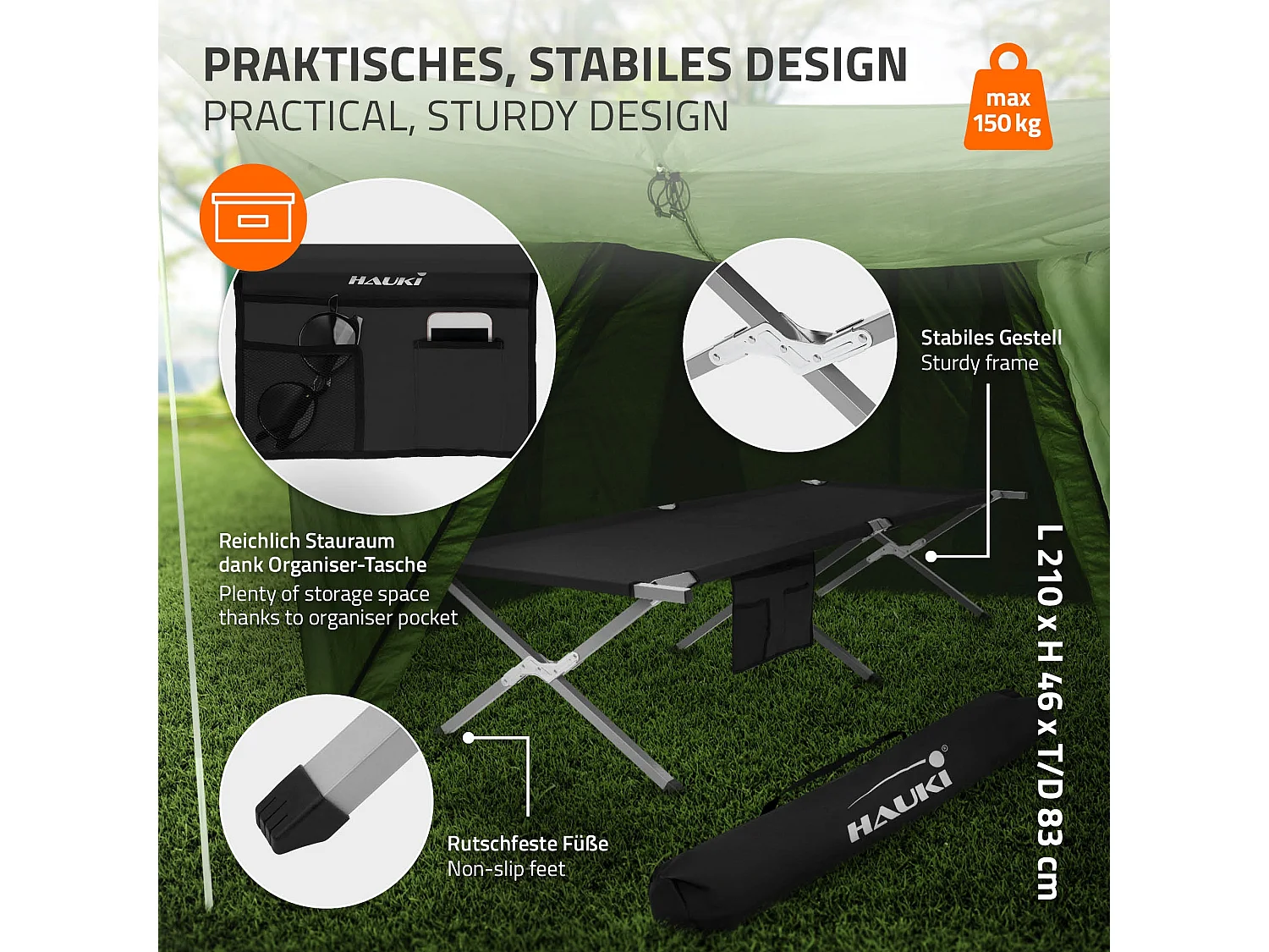 Cama de camping XL 210cm tumbona metal camilla plegable negra y bolsillo lateral