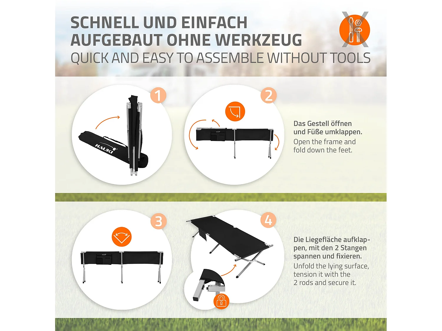 Cama de camping XL 210cm tumbona metal camilla plegable negra y bolsillo lateral