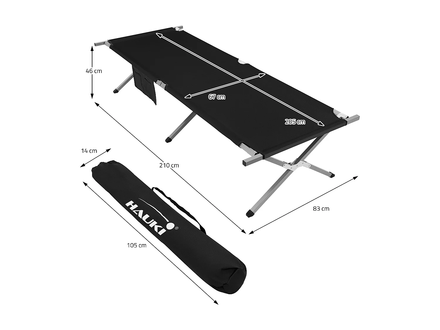 XL lit de camping pliant métal noir 210cm avec sac de transport lit invité 150kg