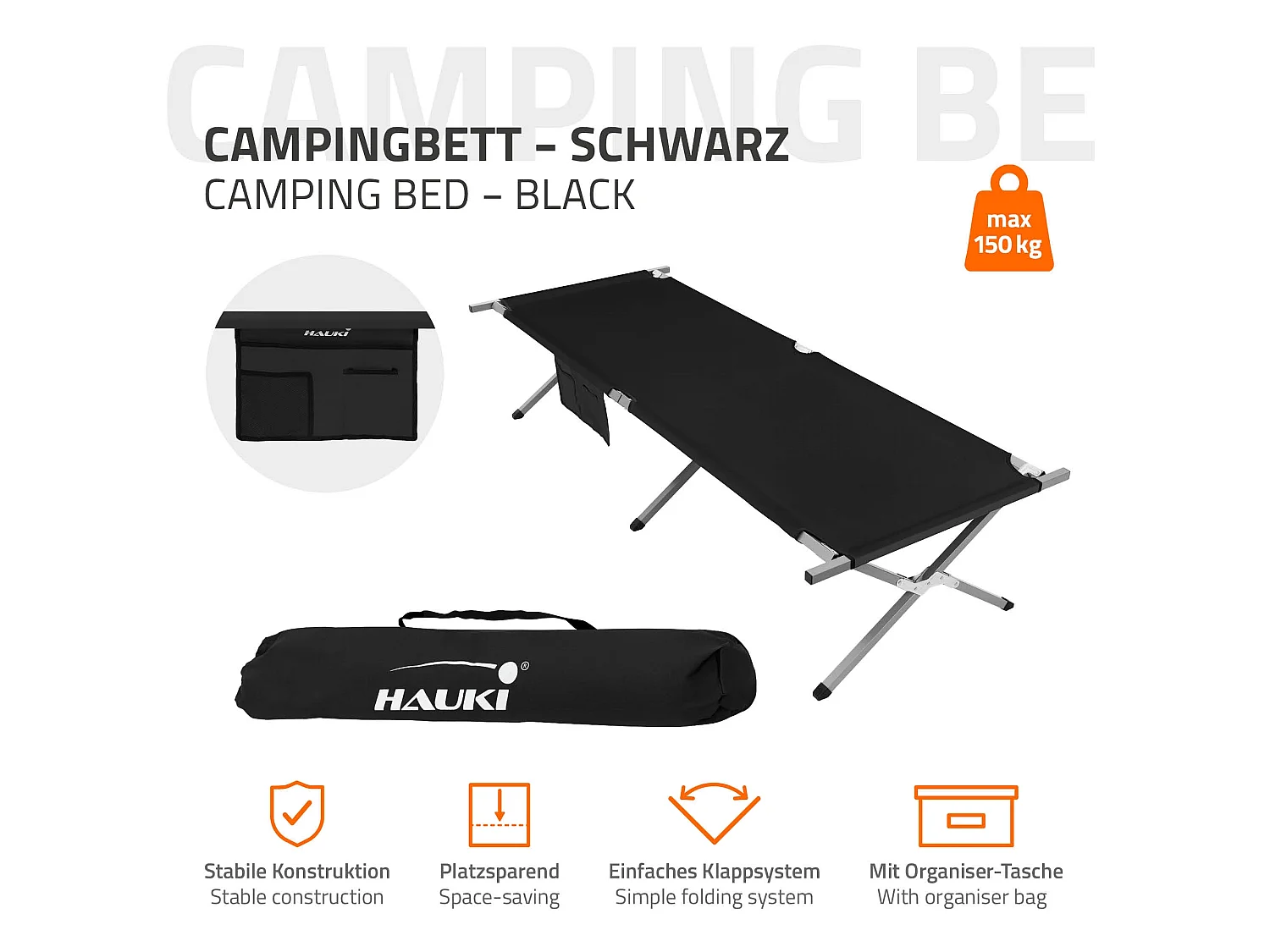 XL lit de camping pliant métal noir 210cm avec sac de transport lit invité 150kg