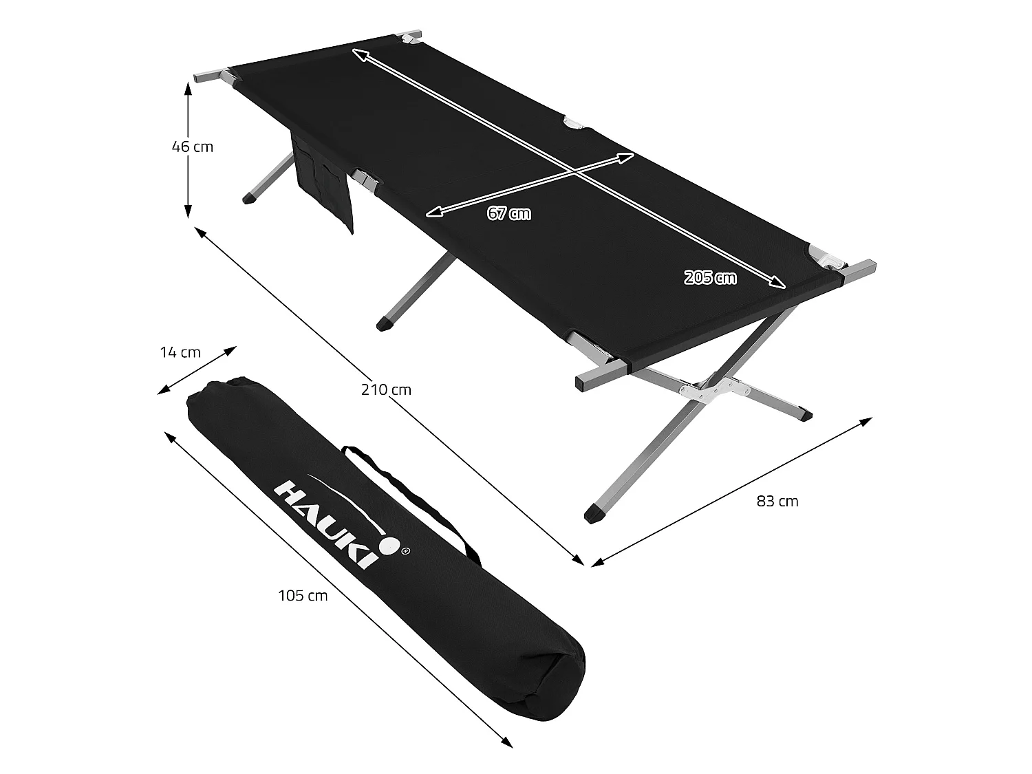 XL lit de camping pliant métal noir 210cm avec sac de transport lit invité 150kg
