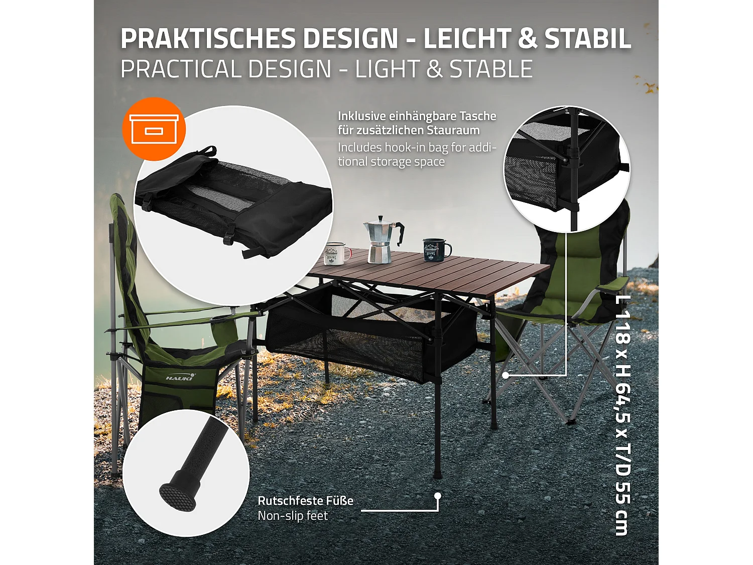 Set da campeggio con 2 sedie tavolino pieghevole marrone camping borsa trasporto