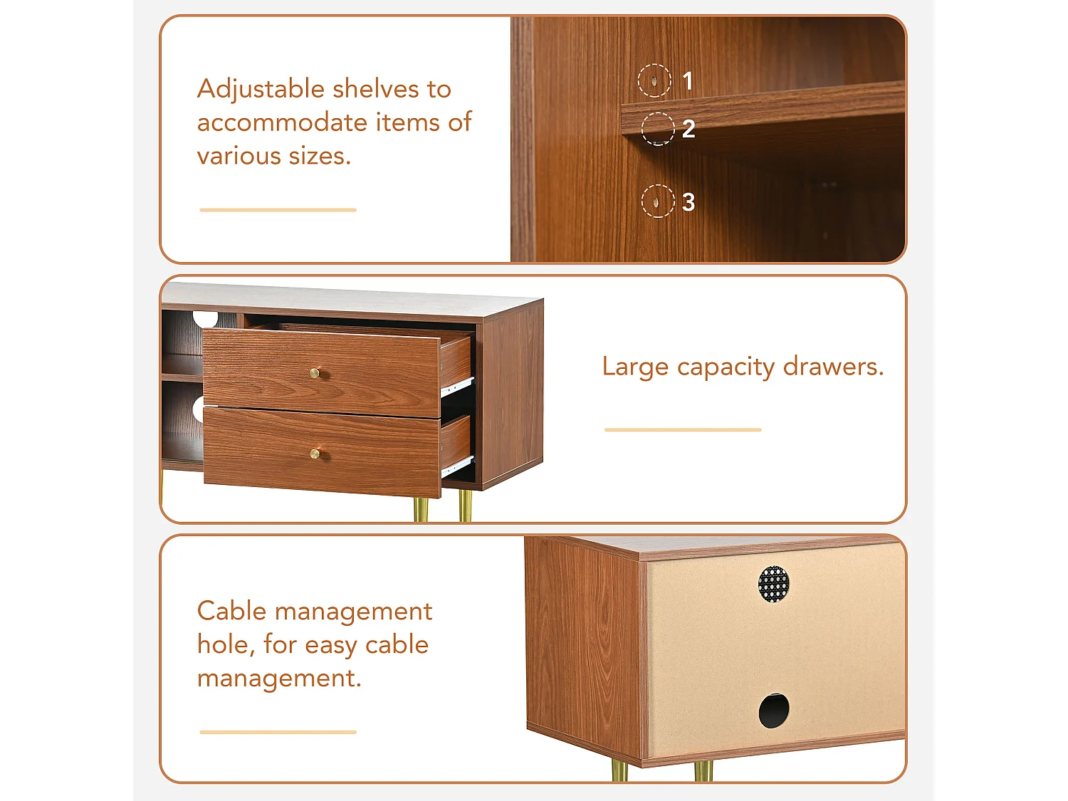 TV-meubel van 160 cm met 2 lades 2 schuifdeuren - Rotanpatroon - MDF hout & metaal - Walnootkleur