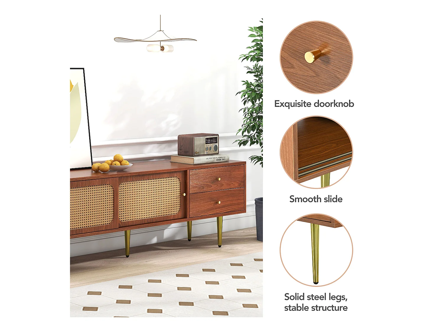 TV-meubel van 160 cm met 2 lades 2 schuifdeuren - Rotanpatroon - MDF hout & metaal - Walnootkleur