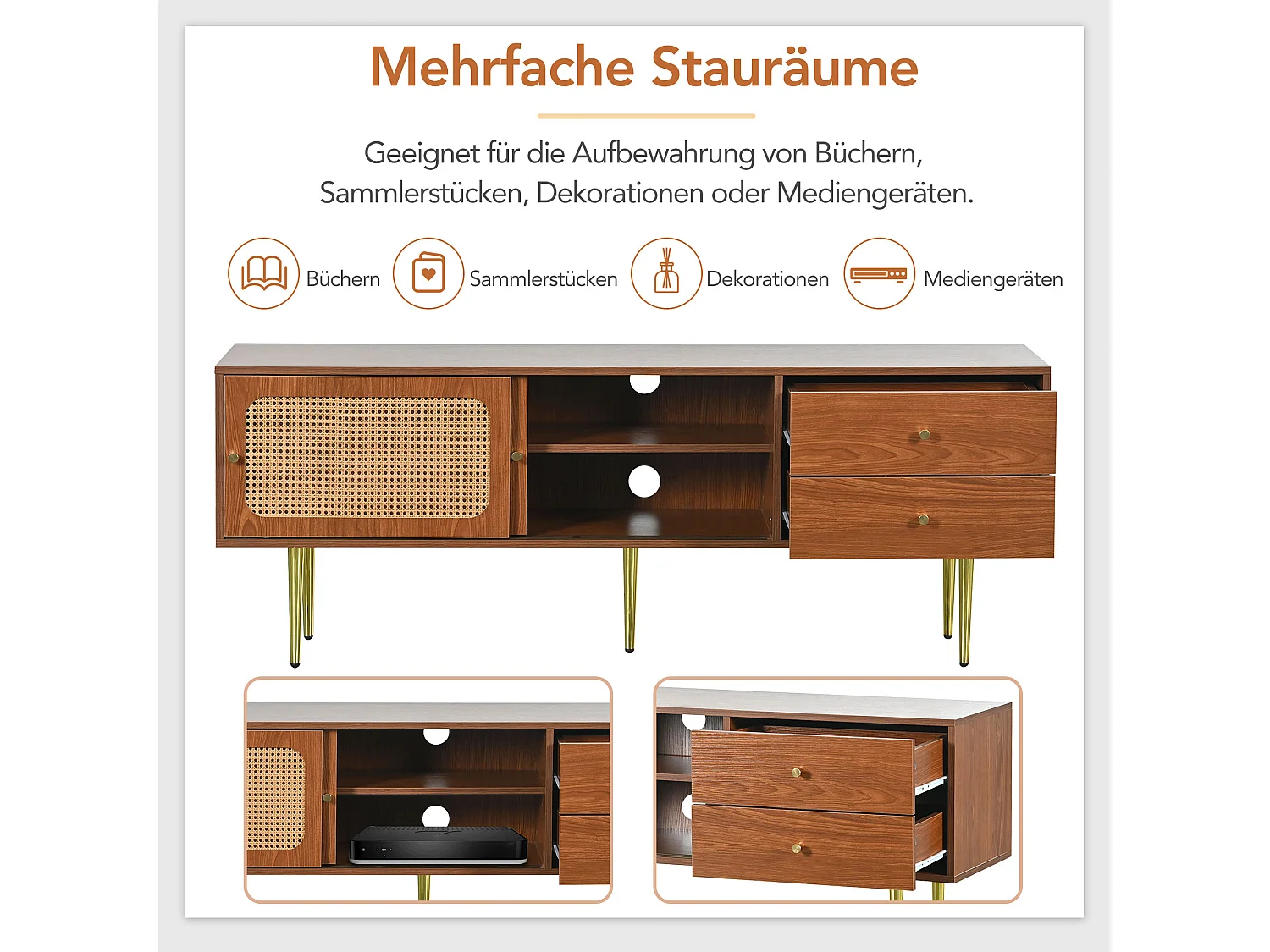 TV-meubel van 160 cm met 2 lades 2 schuifdeuren - Rotanpatroon - MDF hout & metaal - Walnootkleur