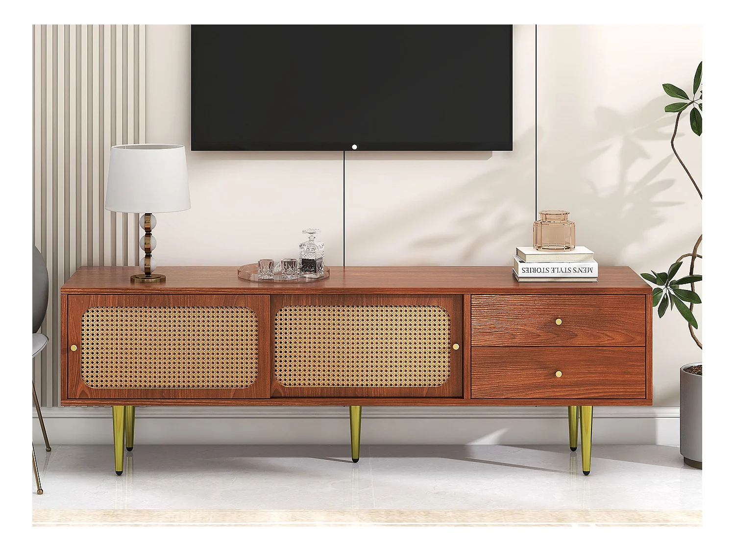 Meuble TV 160 cm avec 2 tiroirs 2 portes coulissantes - Motif en rotin - Bois MDF & métal - Coloris noyer