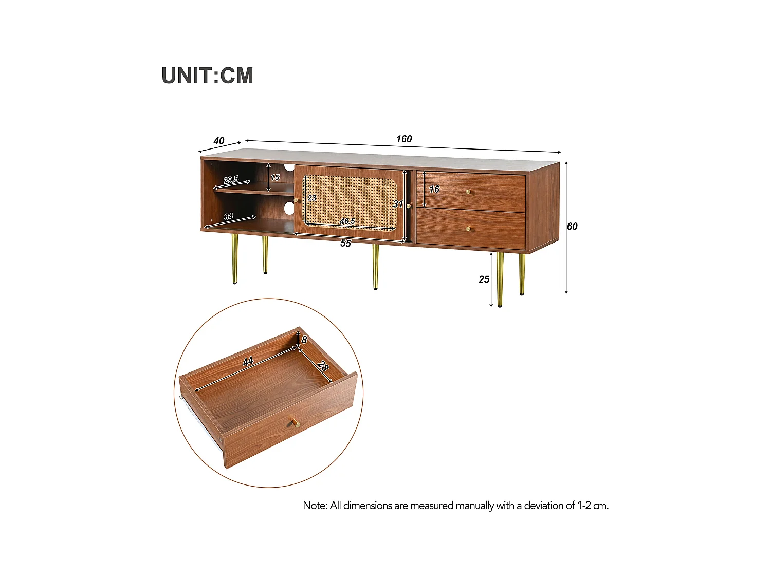 TV-meubel van 160 cm met 2 lades 2 schuifdeuren - Rotanpatroon - MDF hout & metaal - Walnootkleur