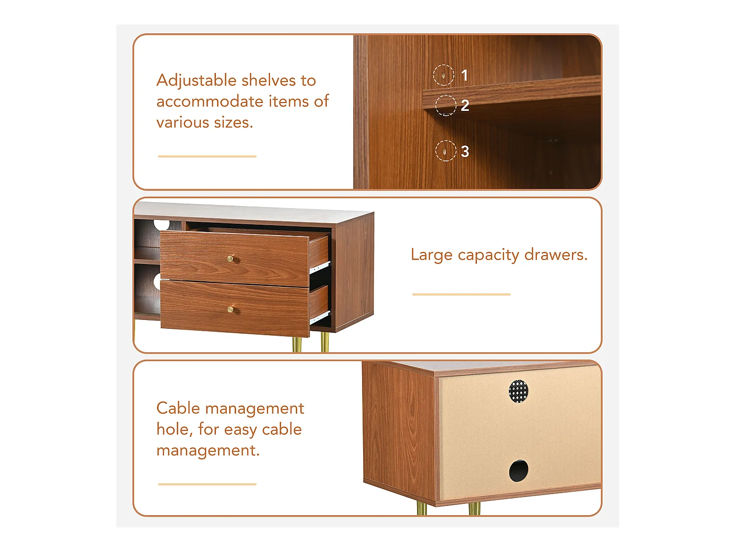 TV-meubel van 160 cm met 2 lades 2 schuifdeuren - Rotanpatroon - MDF hout & metaal - Walnootkleur