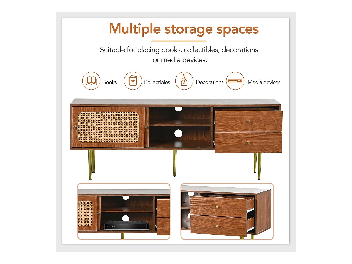 TV-meubel van 160 cm met 2 lades 2 schuifdeuren - Rotanpatroon - MDF hout & metaal - Walnootkleur