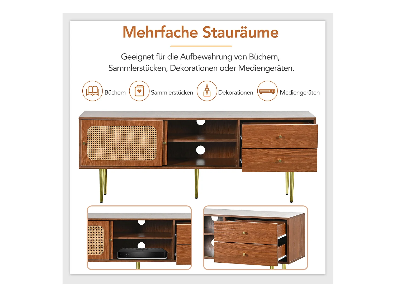 TV-meubel van 160 cm met 2 lades 2 schuifdeuren - Rotanpatroon - MDF hout & metaal - Walnootkleur