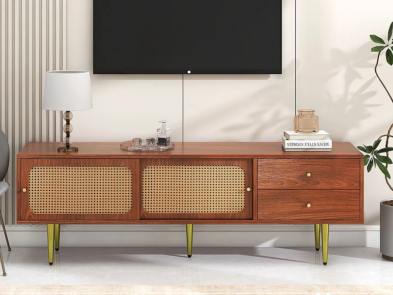 Meuble TV 160 cm avec 2 tiroirs 2 portes coulissantes - Motif en rotin - Bois MDF & métal - Coloris noyer