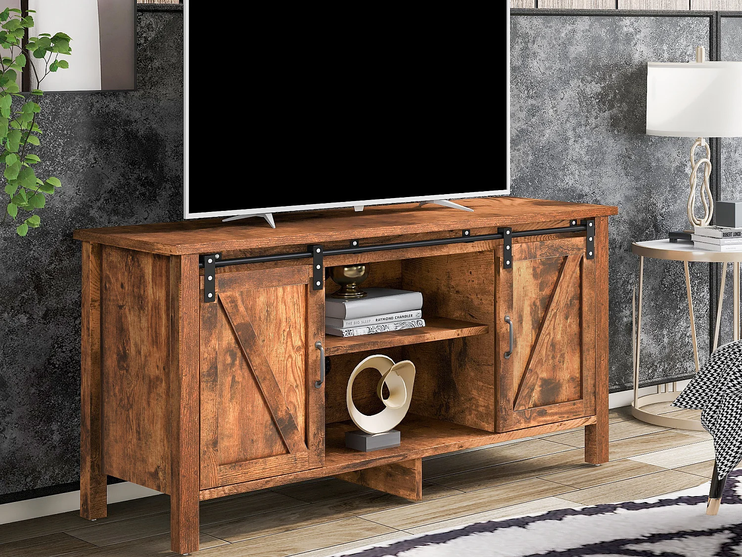 TV-meubel in industriële stijl met 2 schuifdeuren - Verstelbare plank - Voor TV's tot 50" - Vintage bruin