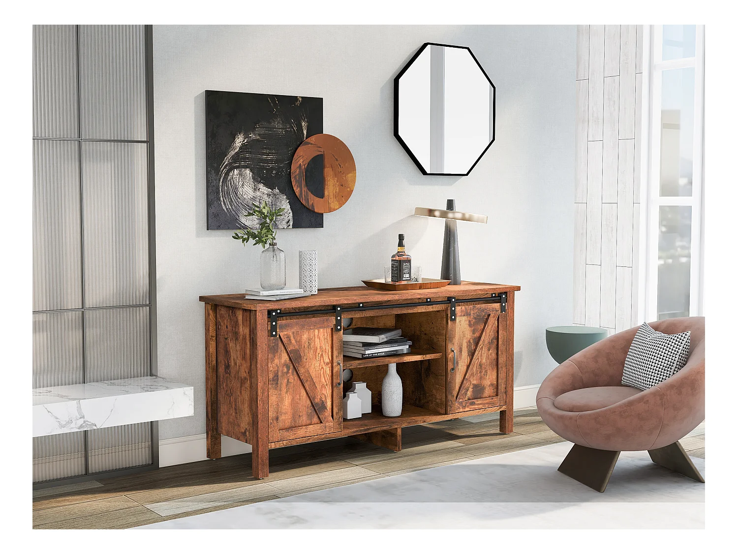 TV-meubel in industriële stijl met 2 schuifdeuren - Verstelbare plank - Voor TV's tot 50" - Vintage bruin