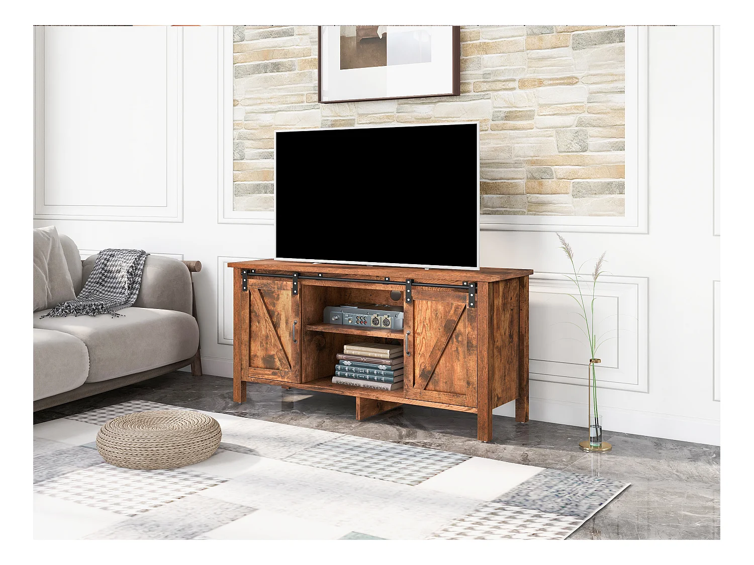 TV-meubel in industriële stijl met 2 schuifdeuren - Verstelbare plank - Voor TV's tot 50" - Vintage bruin