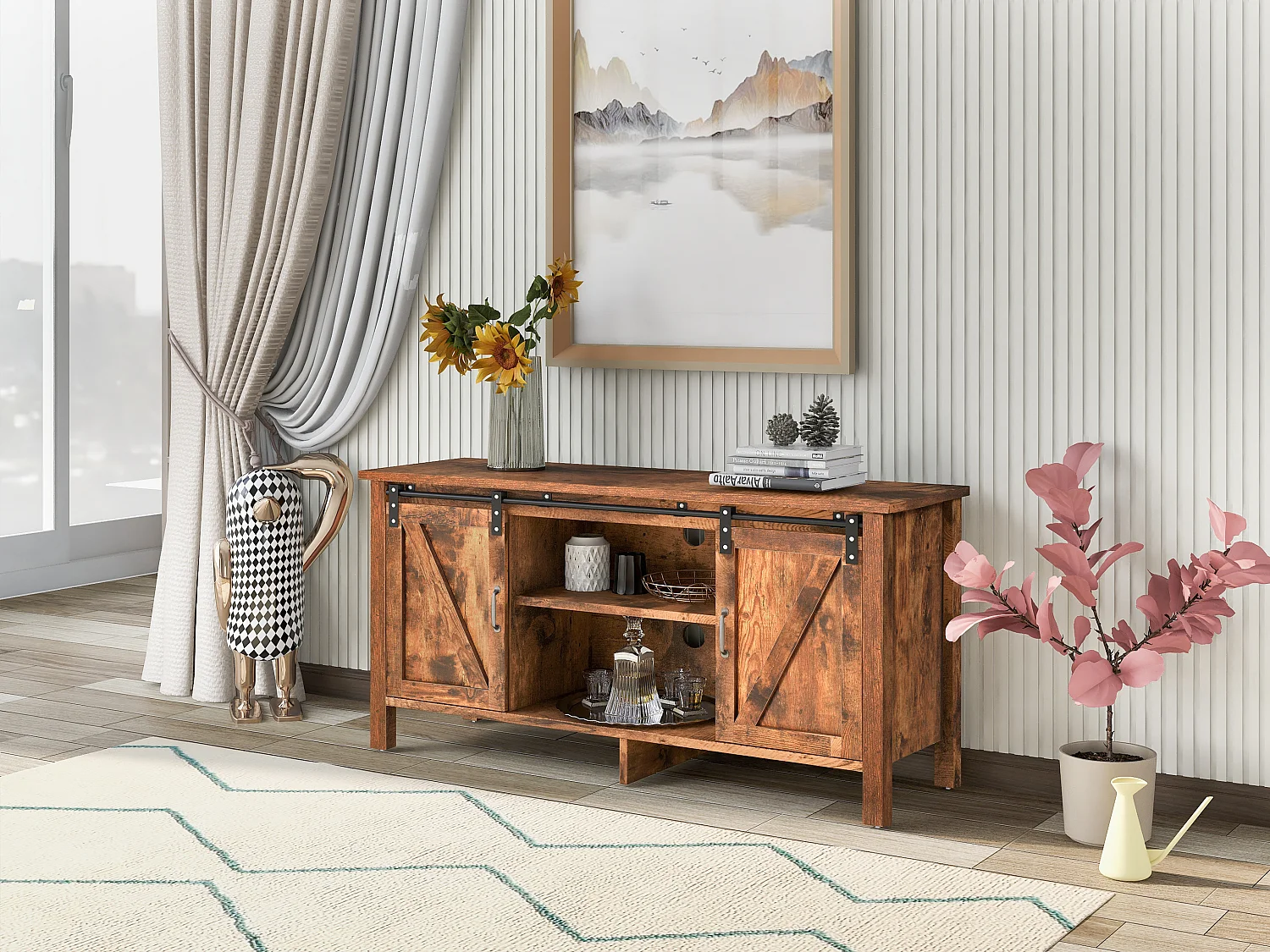 TV-meubel in industriële stijl met 2 schuifdeuren - Verstelbare plank - Voor TV's tot 50" - Vintage bruin