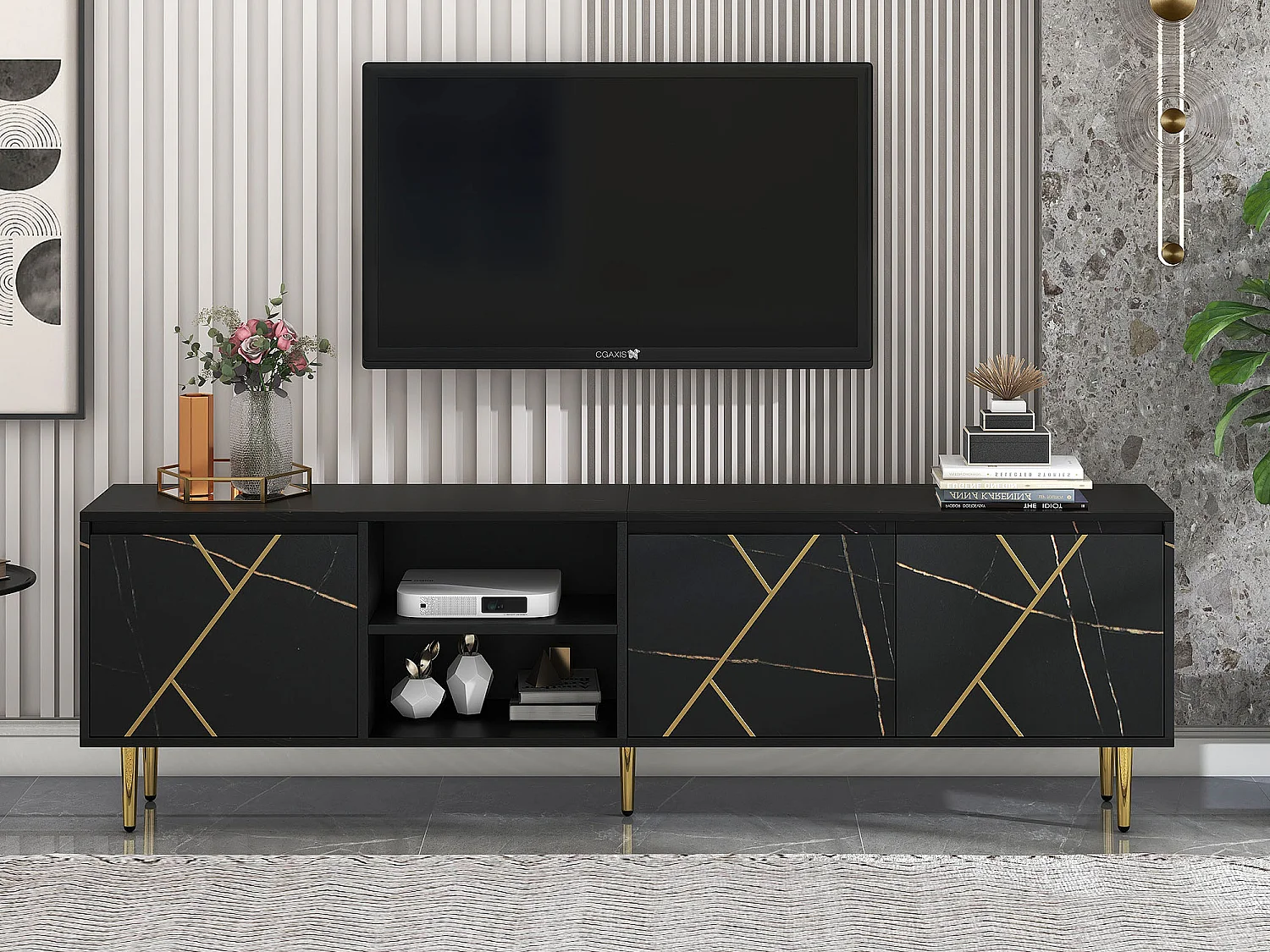 TV-Schrank 200 x 35 x 60 cm mit 3 Türen für 90-Zoll-Fernseher – Spanplatte – Schwarz und Gold