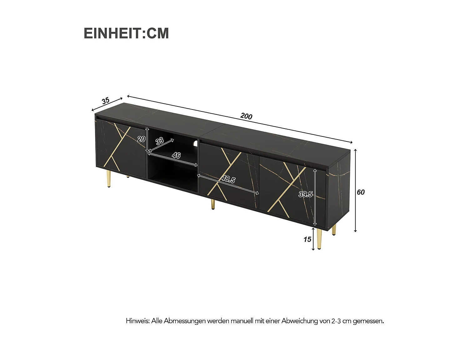 TV-Schrank 200 x 35 x 60 cm mit 3 Türen für 90-Zoll-Fernseher – Spanplatte – Schwarz und Gold